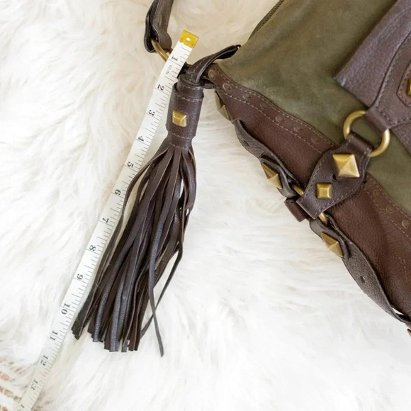 NWT! MICHAEL KORS COLLEGIATE STUDDED BROWN LEATHER OLIVE GREEN SUEDE BAG - Picture 10 of 15